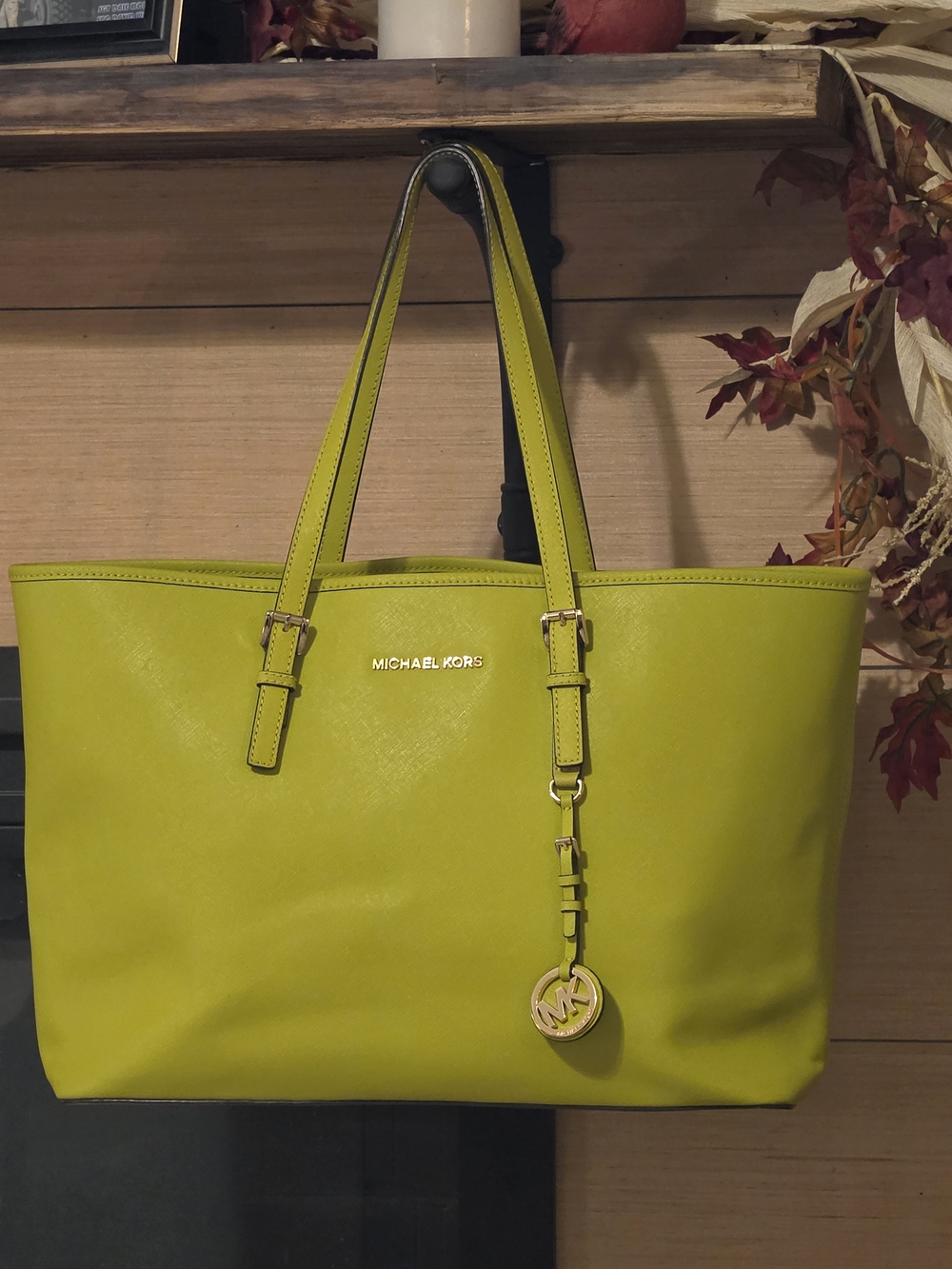 Michael Kors Lime Green Leather Tote with MK Charm